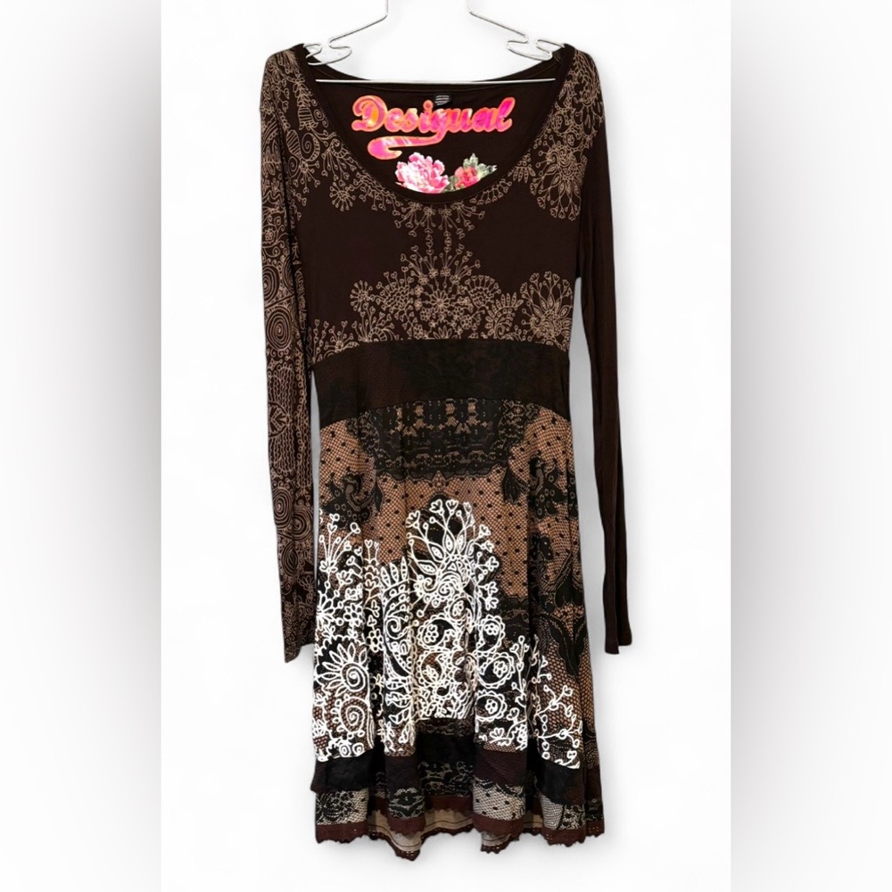 Desigual Guero Brown Long Sleeve Dress w/ Patterns Y2K Style - Picture 2 of 9
